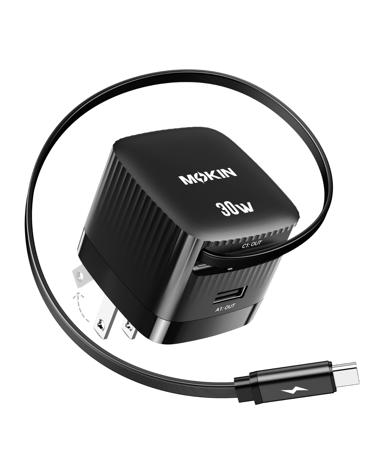 MOKiN 30W Foldable GaN Charger with Built-in Retractable Type-C Cable