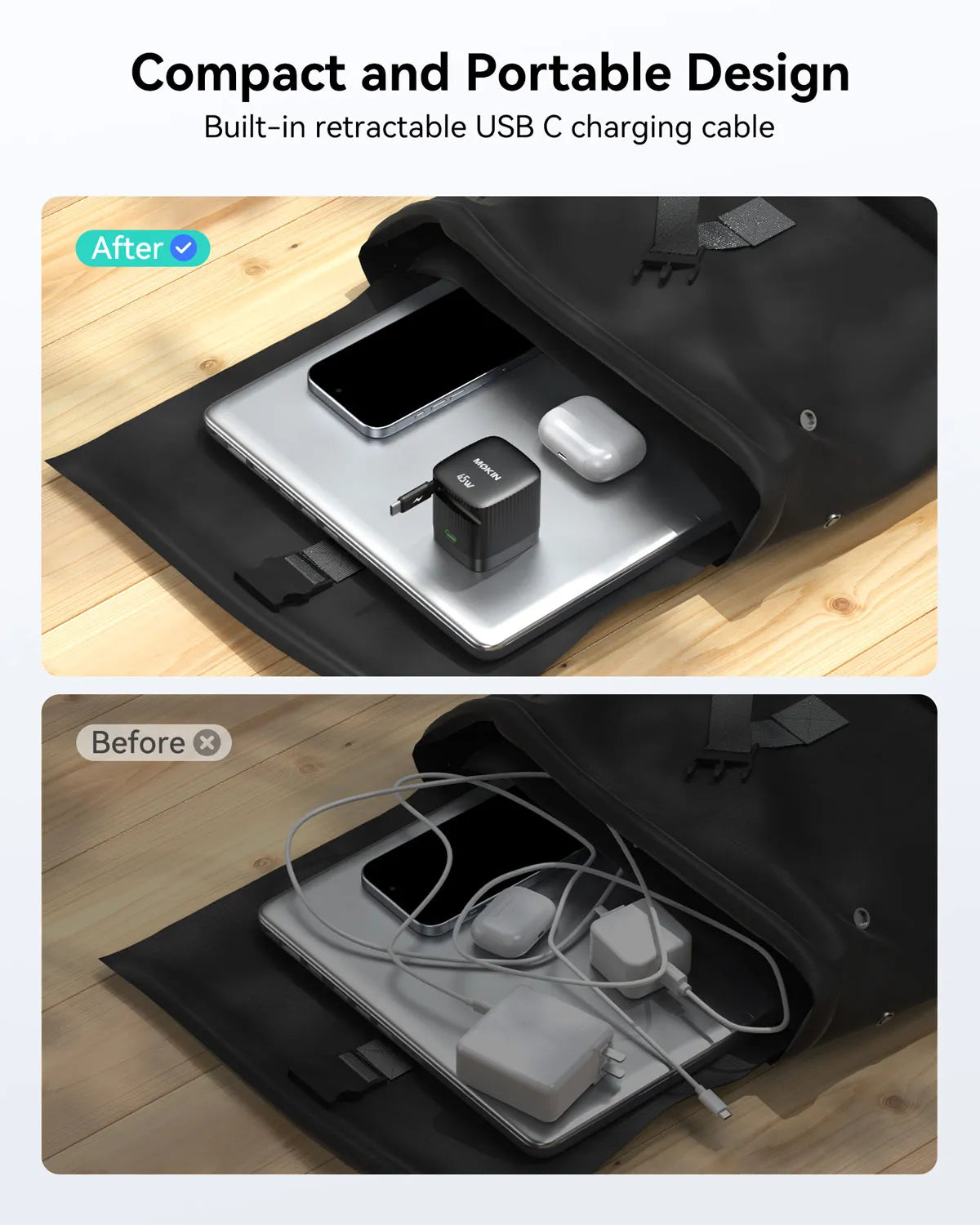 MOKiN 45W Dual Port Foldable GaN Charger with Built-in Retractable Type-C Cable for iPhone - Ảnh 3