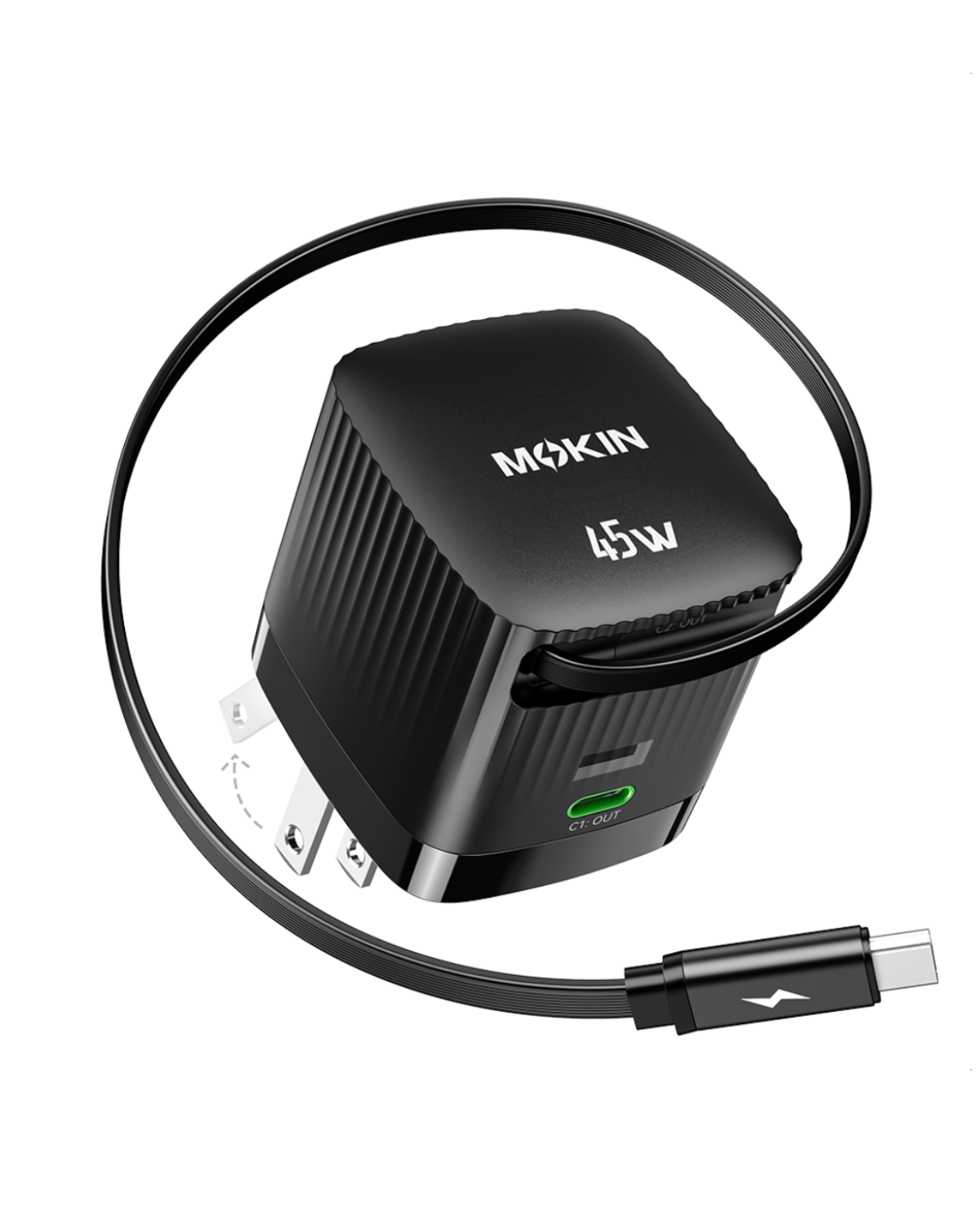 MOKiN 45W Dual Port Foldable GaN Charger with Built-in Retractable Type-C Cable for iPhone