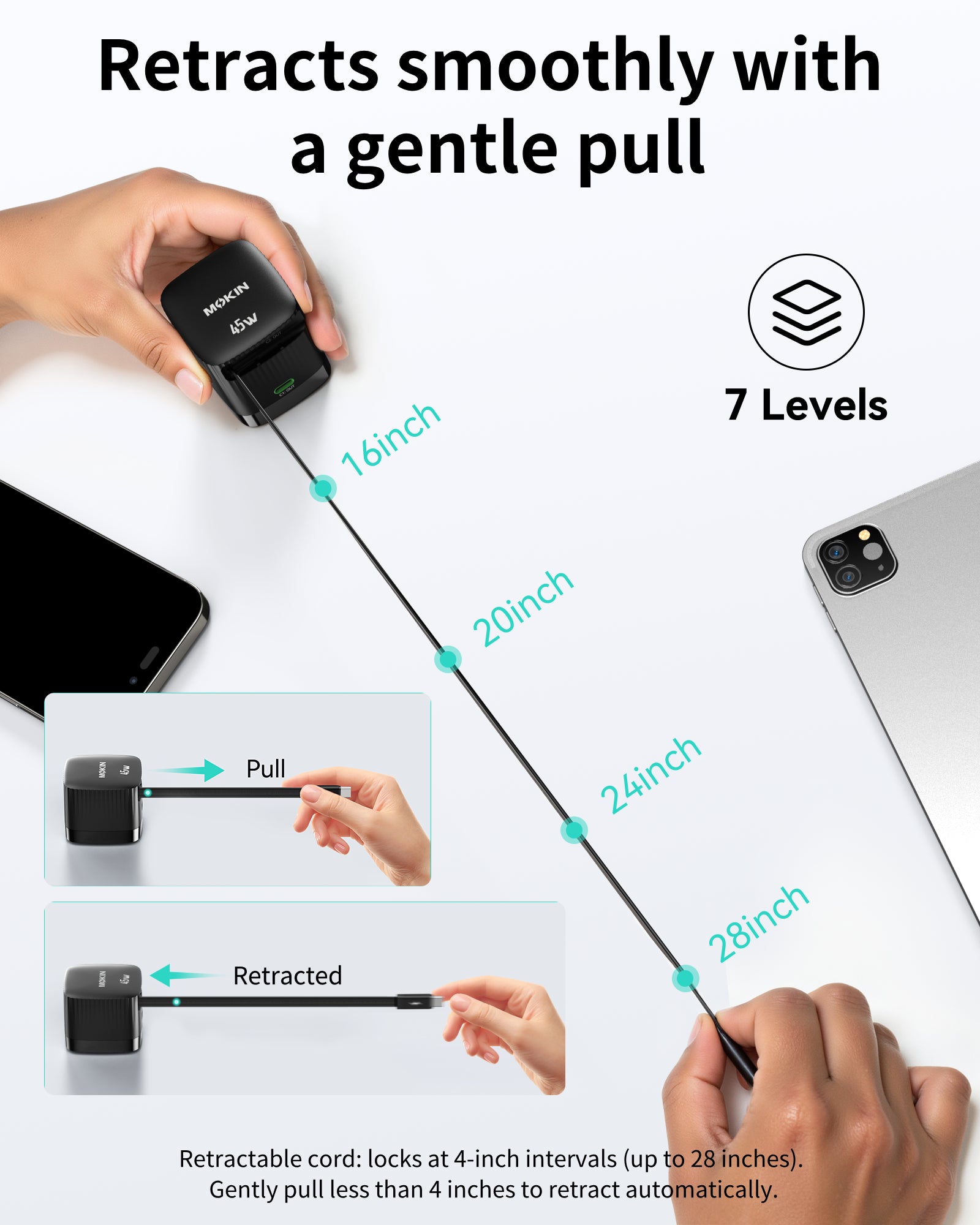 MOKiN 45W Dual Port Foldable GaN Charger with Built-in Retractable Type-C Cable for iPhone - Ảnh 6
