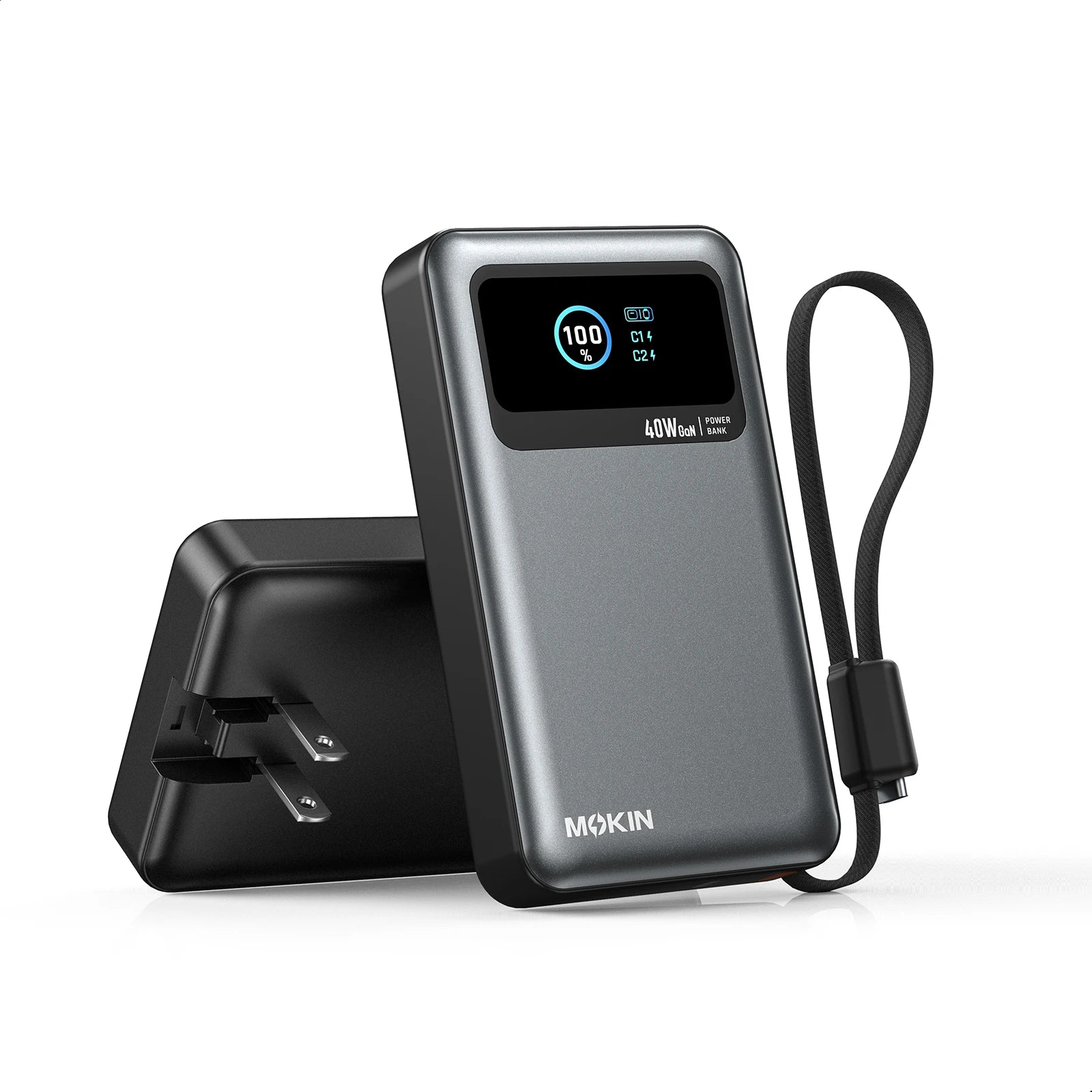 MOKiN 40W 10000mAh Power Bank with Built-in USB-C Cable, Foldable Wall Plug and LCD Display