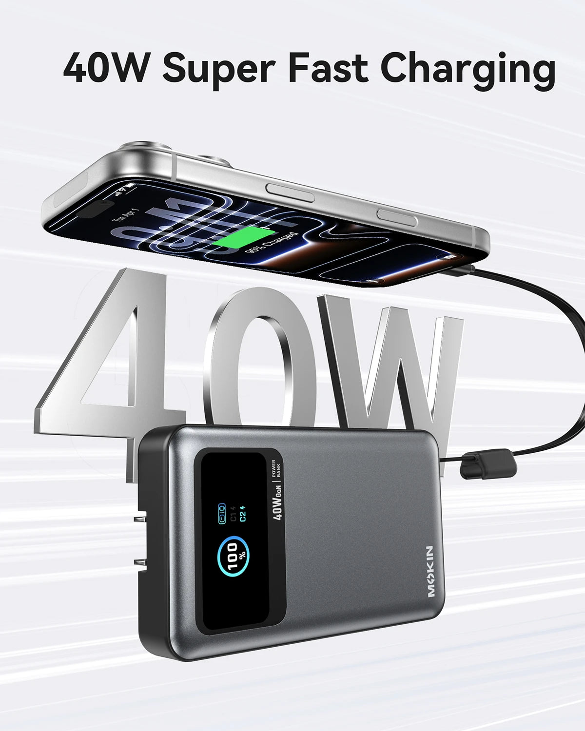 MOKiN 40W 10000mAh Power Bank with Built-in USB-C Cable, Foldable Wall Plug and LCD Display - Ảnh 2