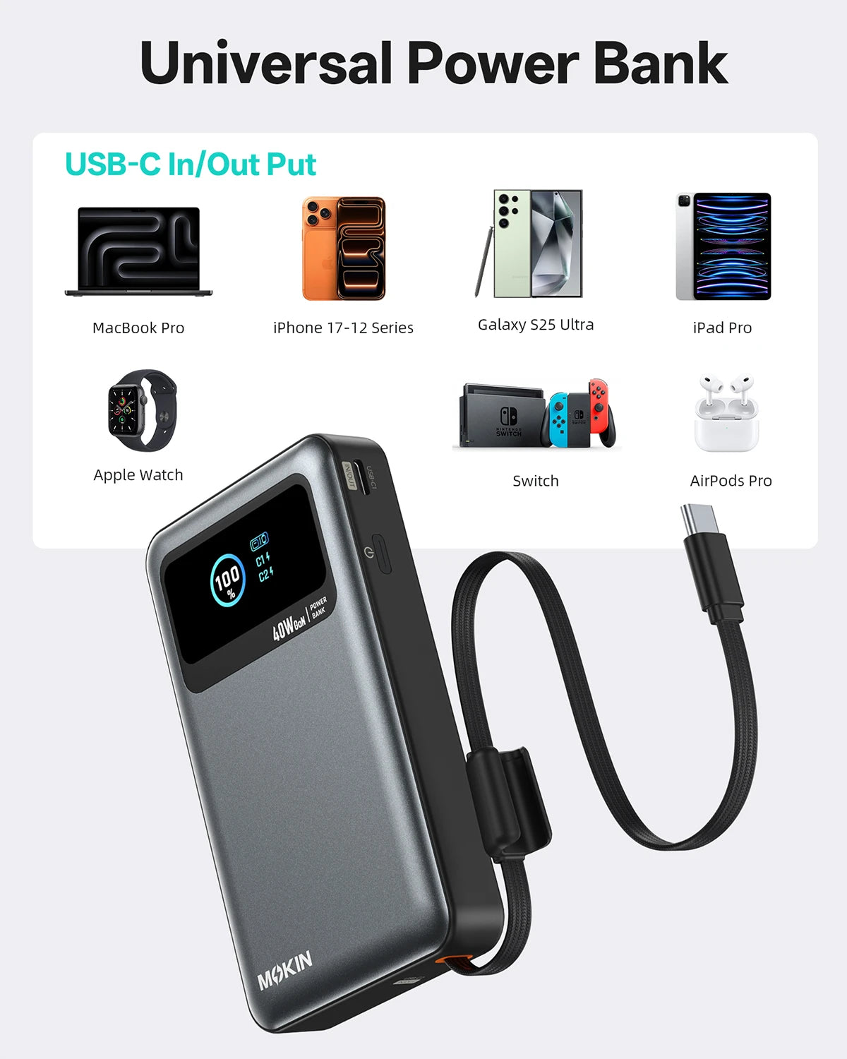 MOKiN 40W 10000mAh Power Bank with Built-in USB-C Cable, Foldable Wall Plug and LCD Display - Ảnh 5